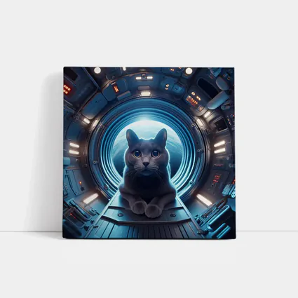 Gray Cat Inside Futuristic Space Station
