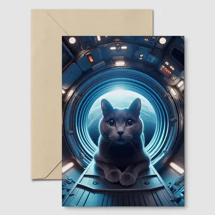 Gray Cat Inside Futuristic Space Station