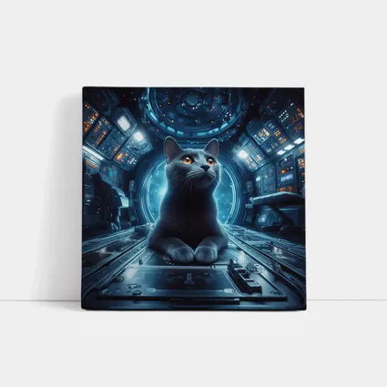 Gray Cat Inside Futuristic Space Station