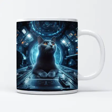 Gray Cat Inside Futuristic Space Station