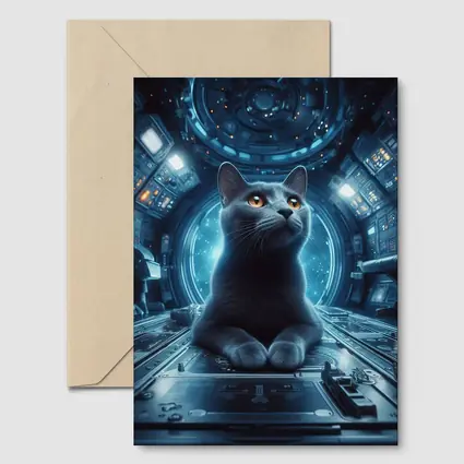 Gray Cat Inside Futuristic Space Station