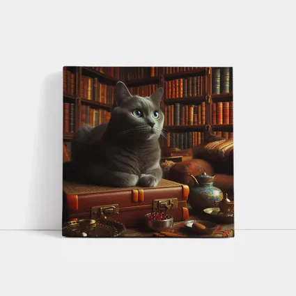 Russian Blue Cat Resting in Cozy Library