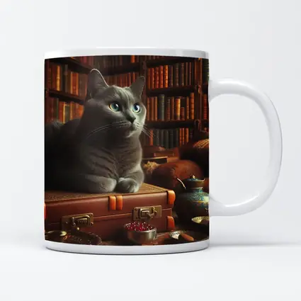 Russian Blue Cat Resting in Cozy Library