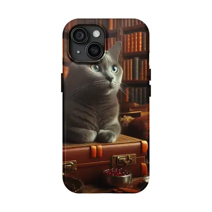 Russian Blue Cat Resting in Cozy Library