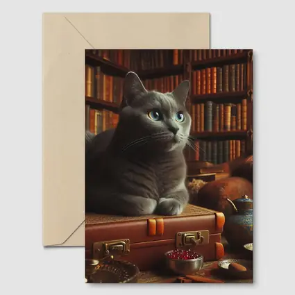 Russian Blue Cat Resting in Cozy Library