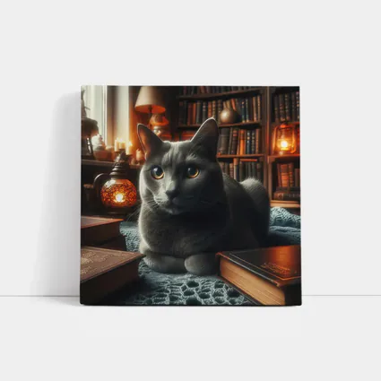 Gray Cat Resting in Cozy Library Setting