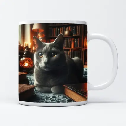 Gray Cat Resting in Cozy Library Setting