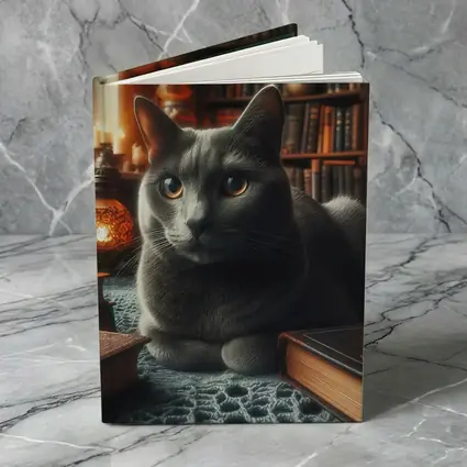Gray Cat Resting in Cozy Library Setting