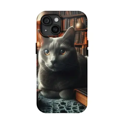 Gray Cat Resting in Cozy Library Setting