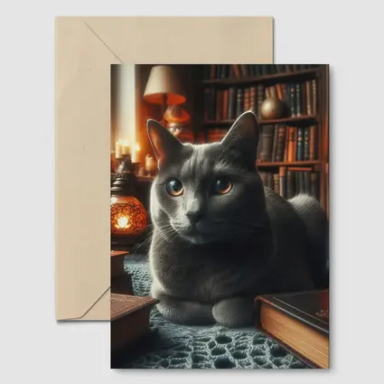 Gray Cat Resting in Cozy Library Setting