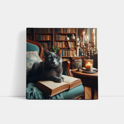 Russian Blue Cat Reading Library Cozy Interior