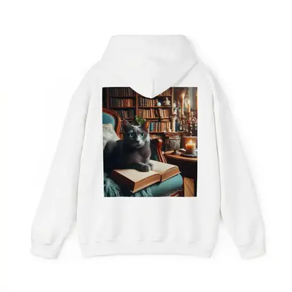 Russian Blue Cat Reading Library Cozy Interior