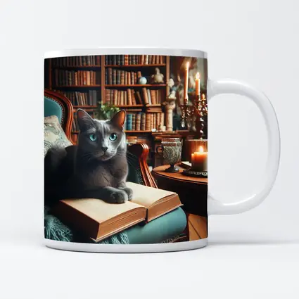 Russian Blue Cat Reading Library Cozy Interior