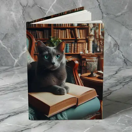 Russian Blue Cat Reading Library Cozy Interior