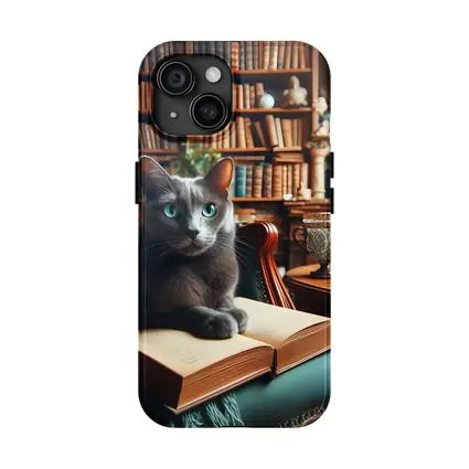 Russian Blue Cat Reading Library Cozy Interior