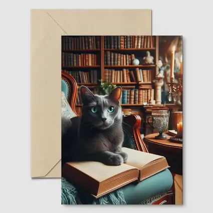 Russian Blue Cat Reading Library Cozy Interior