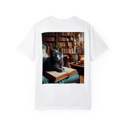 Russian Blue Cat Reading Library Cozy Interior