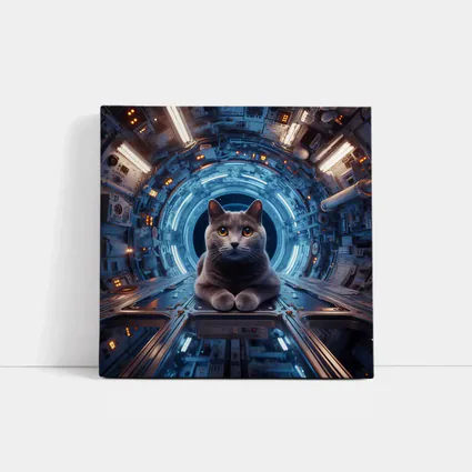Gray Cat Inside Futuristic Space Station