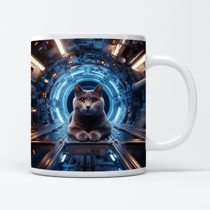 Gray Cat Inside Futuristic Space Station