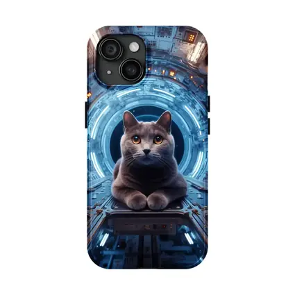Gray Cat Inside Futuristic Space Station