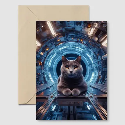Gray Cat Inside Futuristic Space Station