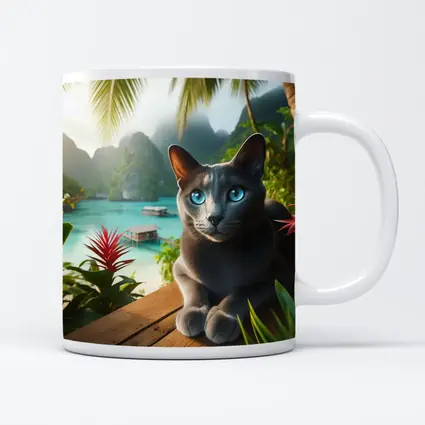 Russian Blue Cat Tropical Island Paradise
