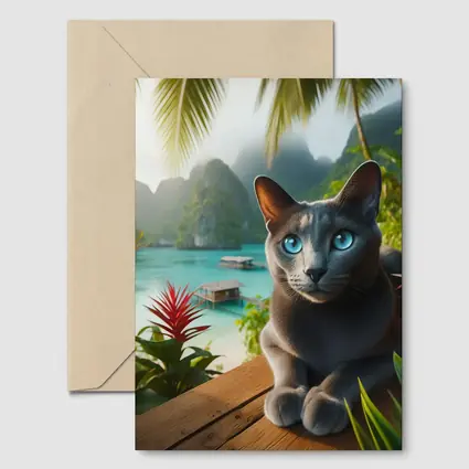 Russian Blue Cat Tropical Island Paradise