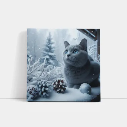 Russian Blue Cat Snow Winter Scene