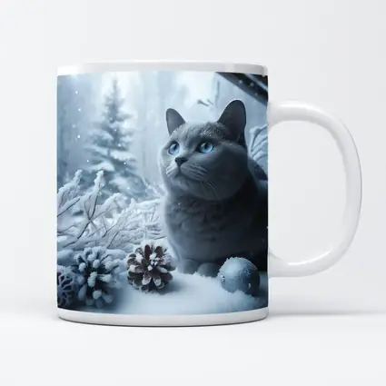 Russian Blue Cat Snow Winter Scene