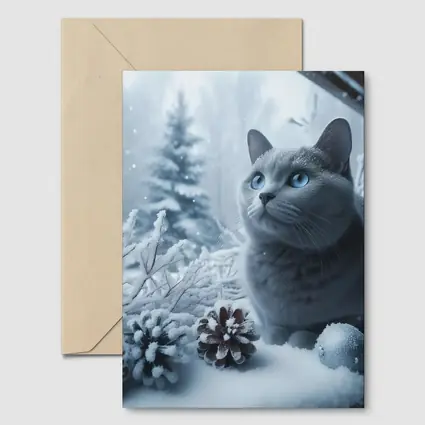 Russian Blue Cat Snow Winter Scene