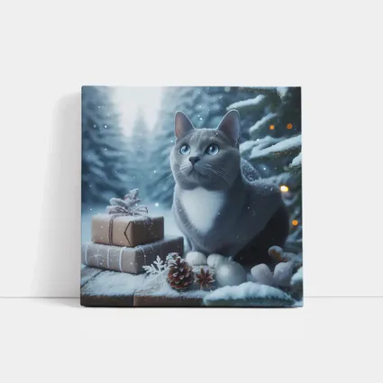Gray Cat Blue Eyes Winter Christmas Scene