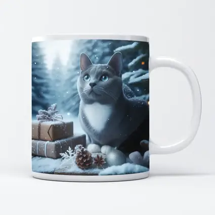Gray Cat Blue Eyes Winter Christmas Scene