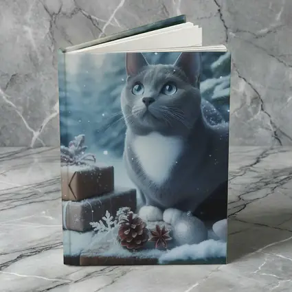 Gray Cat Blue Eyes Winter Christmas Scene