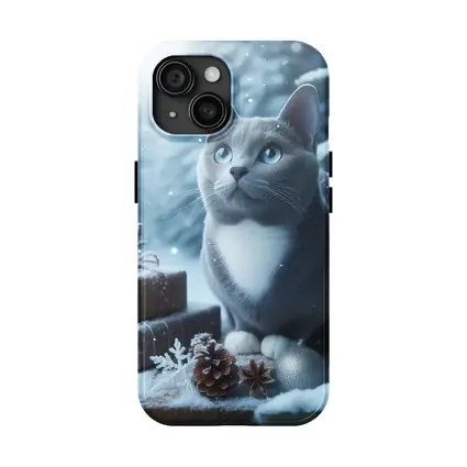 Gray Cat Blue Eyes Winter Christmas Scene