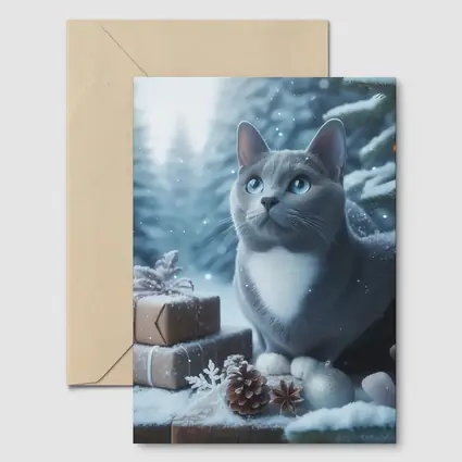 Gray Cat Blue Eyes Winter Christmas Scene