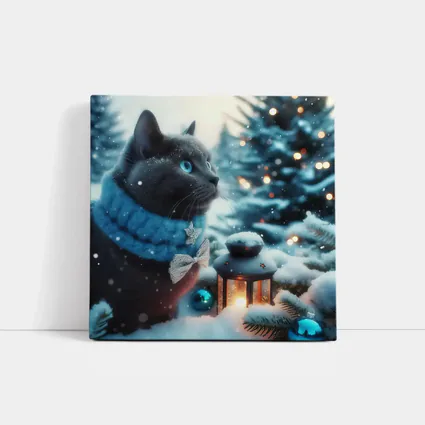 Russian Blue Cat Winter Christmas Snow Scene