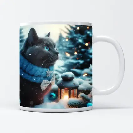 Russian Blue Cat Winter Christmas Snow Scene
