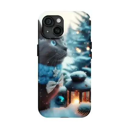 Russian Blue Cat Winter Christmas Snow Scene