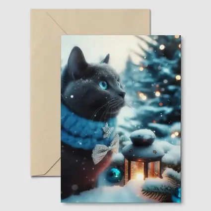 Russian Blue Cat Winter Christmas Snow Scene