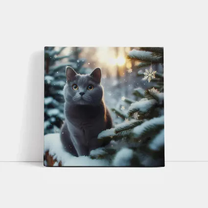 Russian Blue Cat Snowy Winter Forest Scene