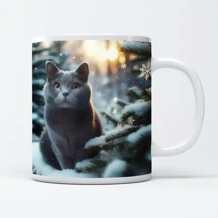Russian Blue Cat Snowy Winter Forest Scene