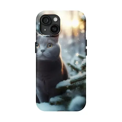 Russian Blue Cat Snowy Winter Forest Scene