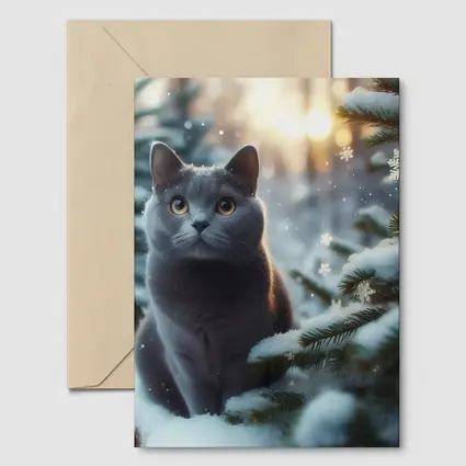 Russian Blue Cat Snowy Winter Forest Scene