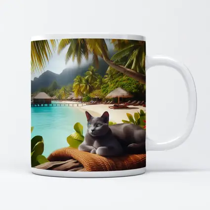 Russian Blue Cat Relaxing Tropical Beach Resort
