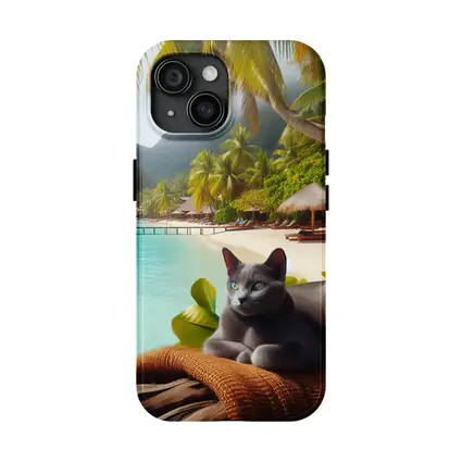 Russian Blue Cat Relaxing Tropical Beach Resort