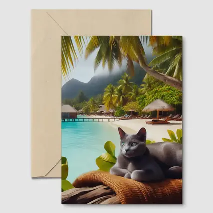 Russian Blue Cat Relaxing Tropical Beach Resort