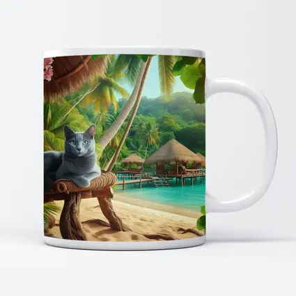 Russian Blue Cat Relaxing Tropical Beach Resort