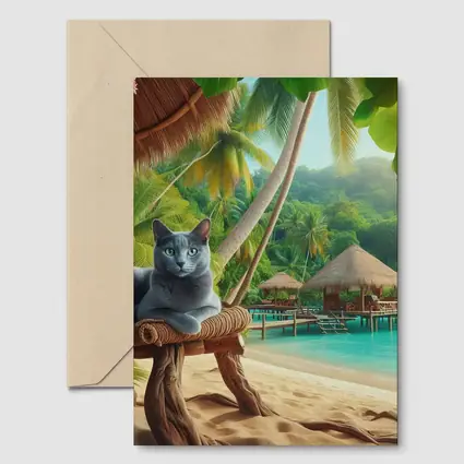 Russian Blue Cat Relaxing Tropical Beach Resort