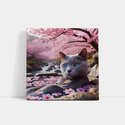 Russian Blue Cat Cherry Blossom Stream