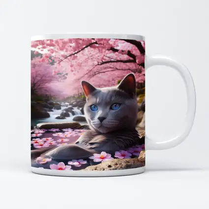 Russian Blue Cat Cherry Blossom Stream